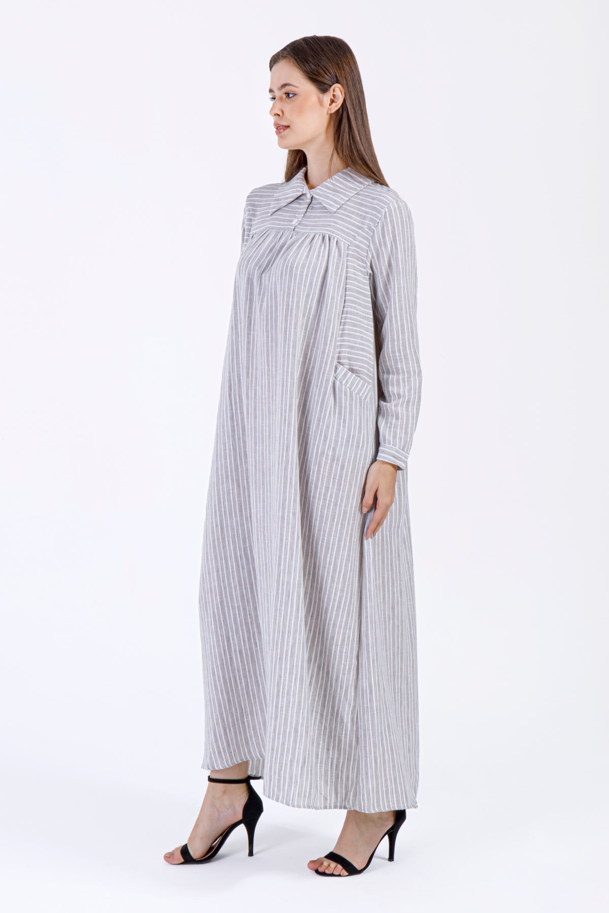 Laya Striped Maxi Dress – Soft Grey