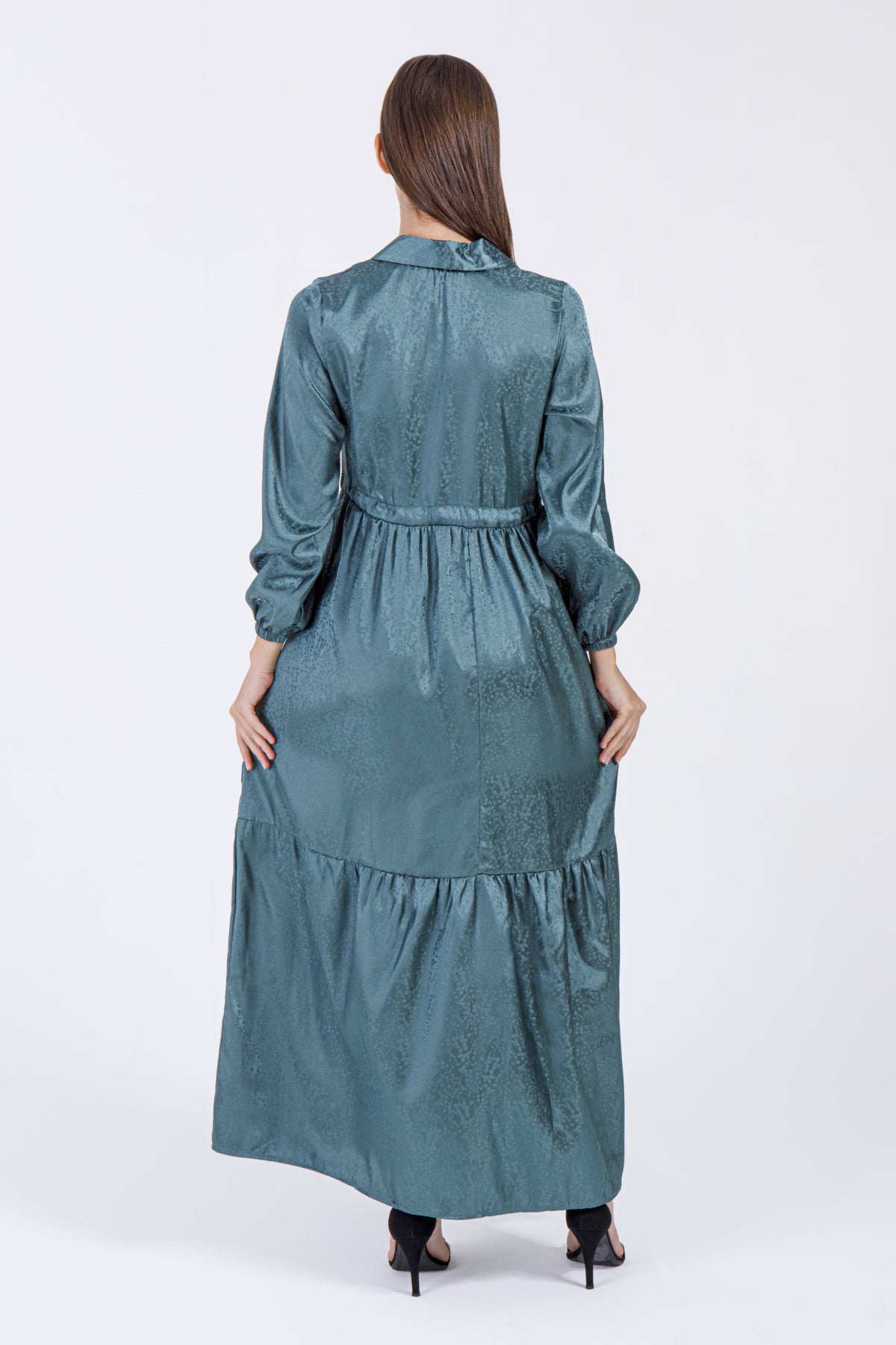 Emerald Satin Button-Down Maxi Dress