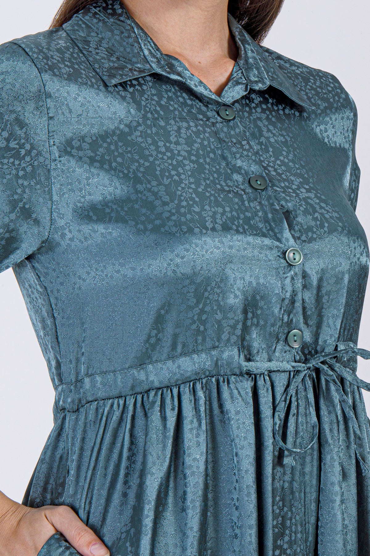 Emerald Satin Button-Down Maxi Dress