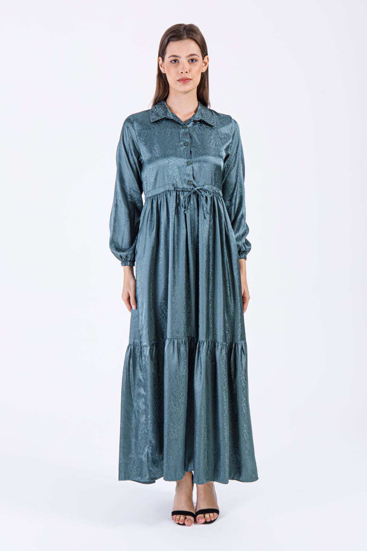 Emerald Satin Button-Down Maxi Dress