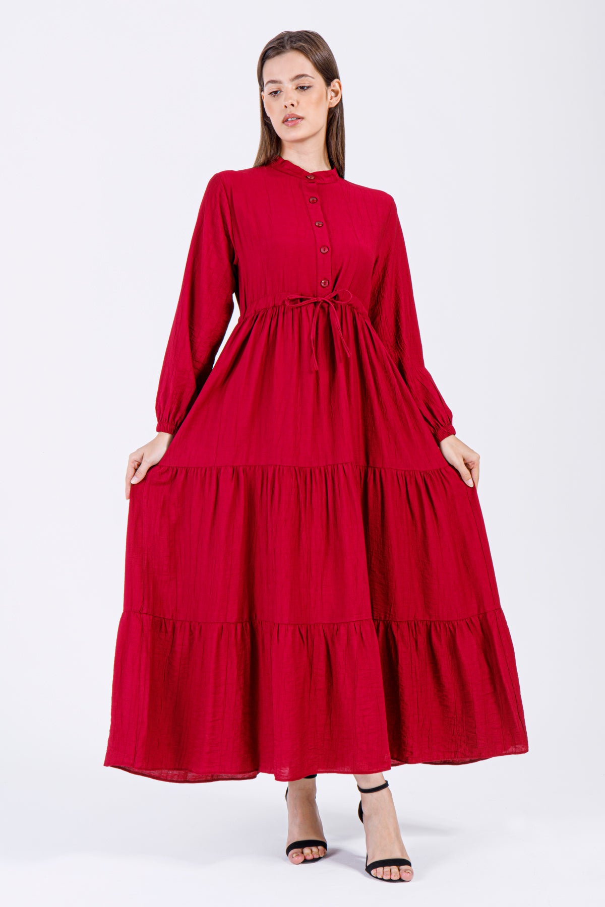 Sahar Tiered Maxi Dress Ruby Red Modesity Sahar Tiered Maxi Dress Ruby Red Modesity