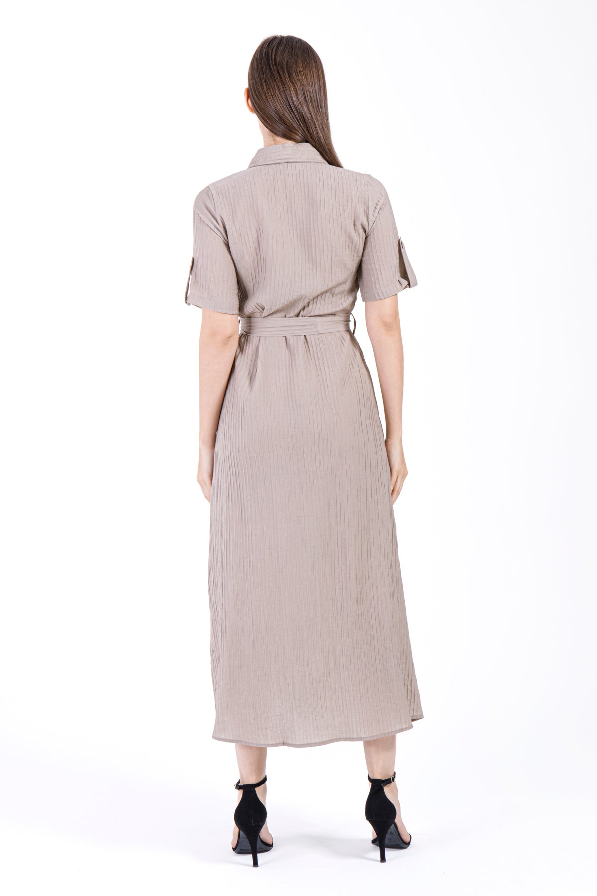 Noor Pleated Button Dress - Taupe Beige