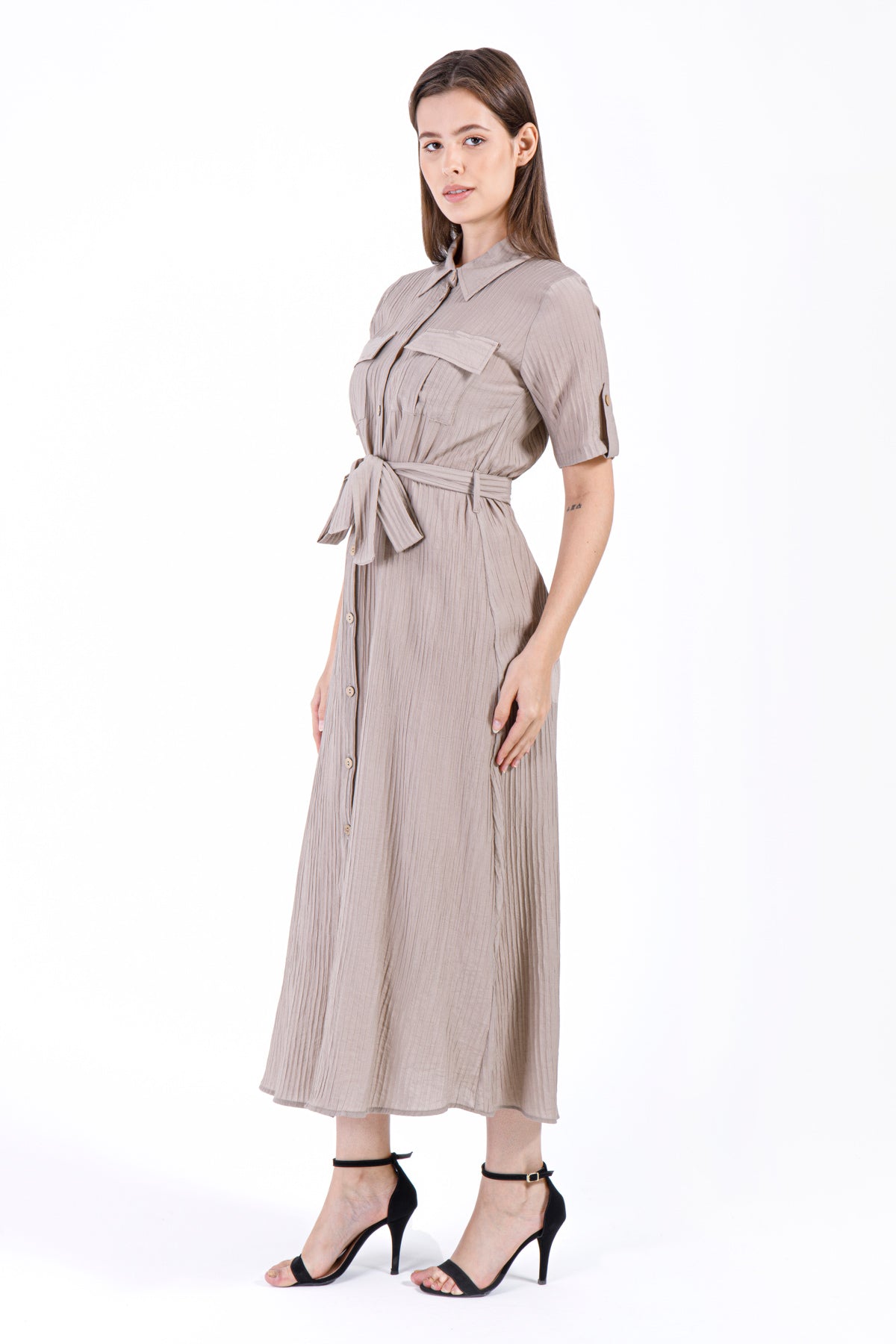 Noor Pleated Button Dress - Taupe Beige