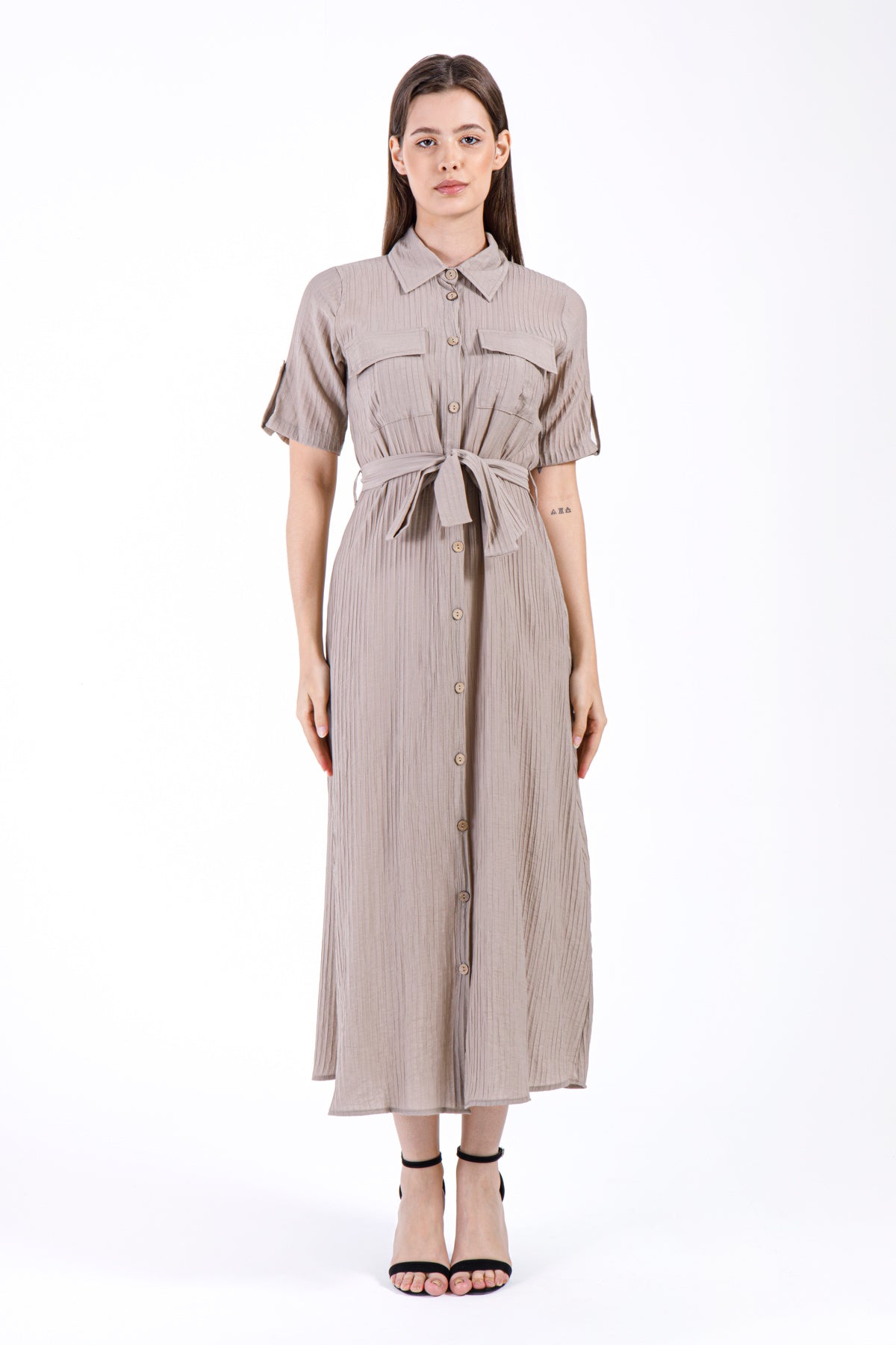 Noor Pleated Button Dress - Taupe Beige