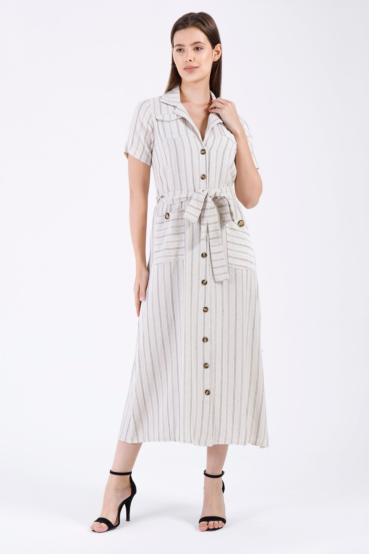 Ivory Sand - Striped Belted Midi Dress