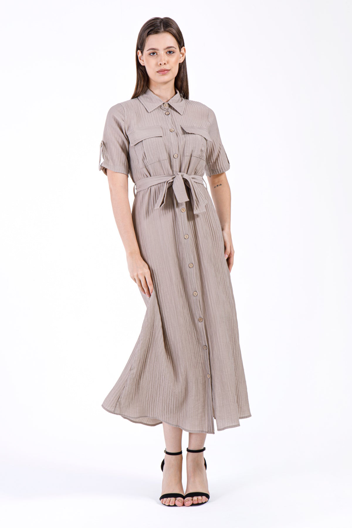 Noor Pleated Button Dress - Taupe Beige