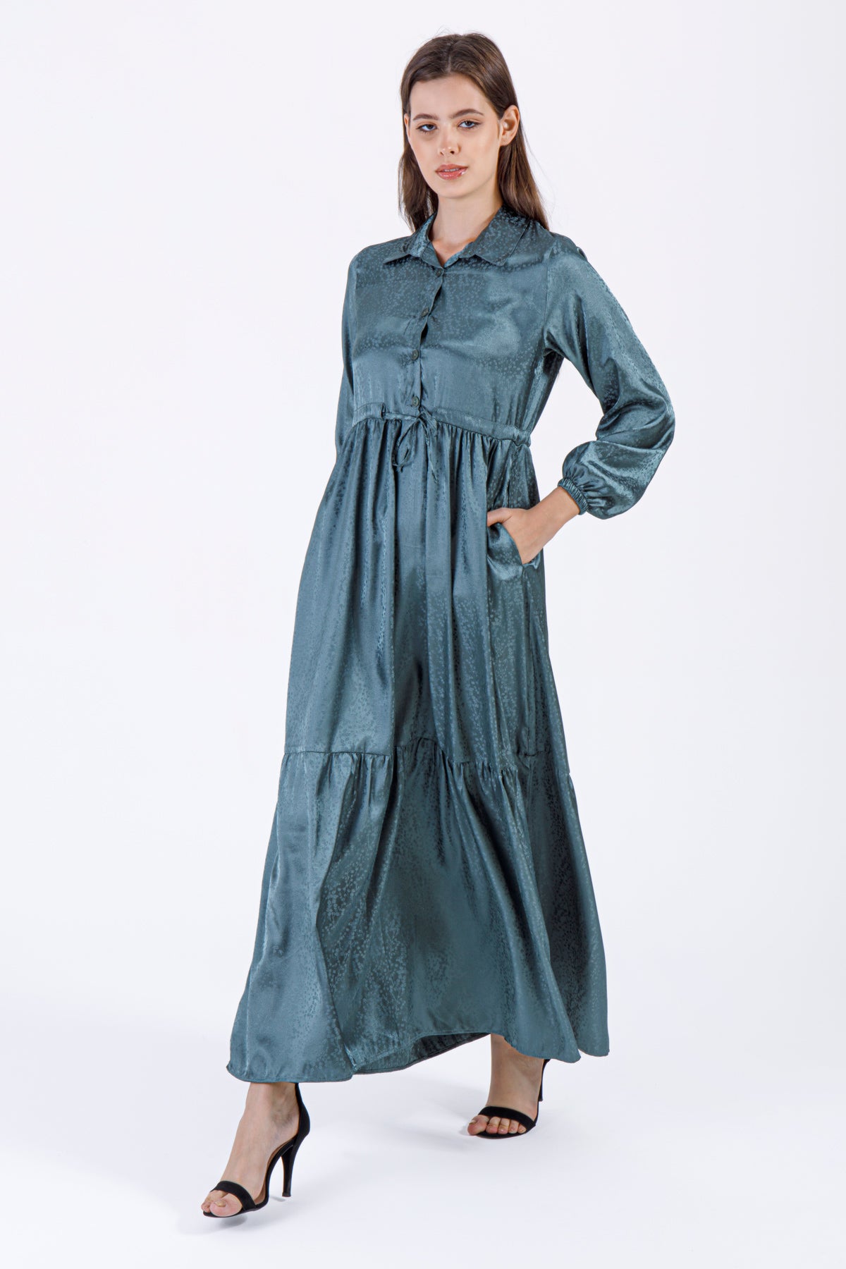 Emerald Satin Button-Down Maxi Dress