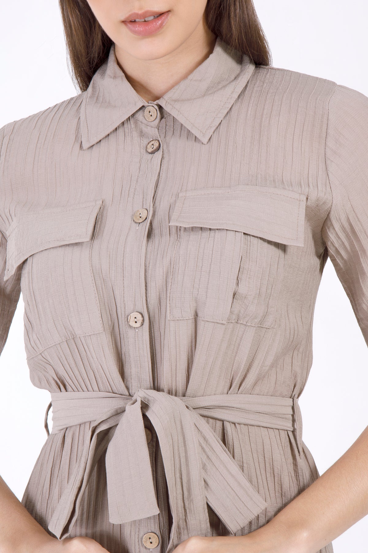 Noor Pleated Button Dress - Taupe Beige