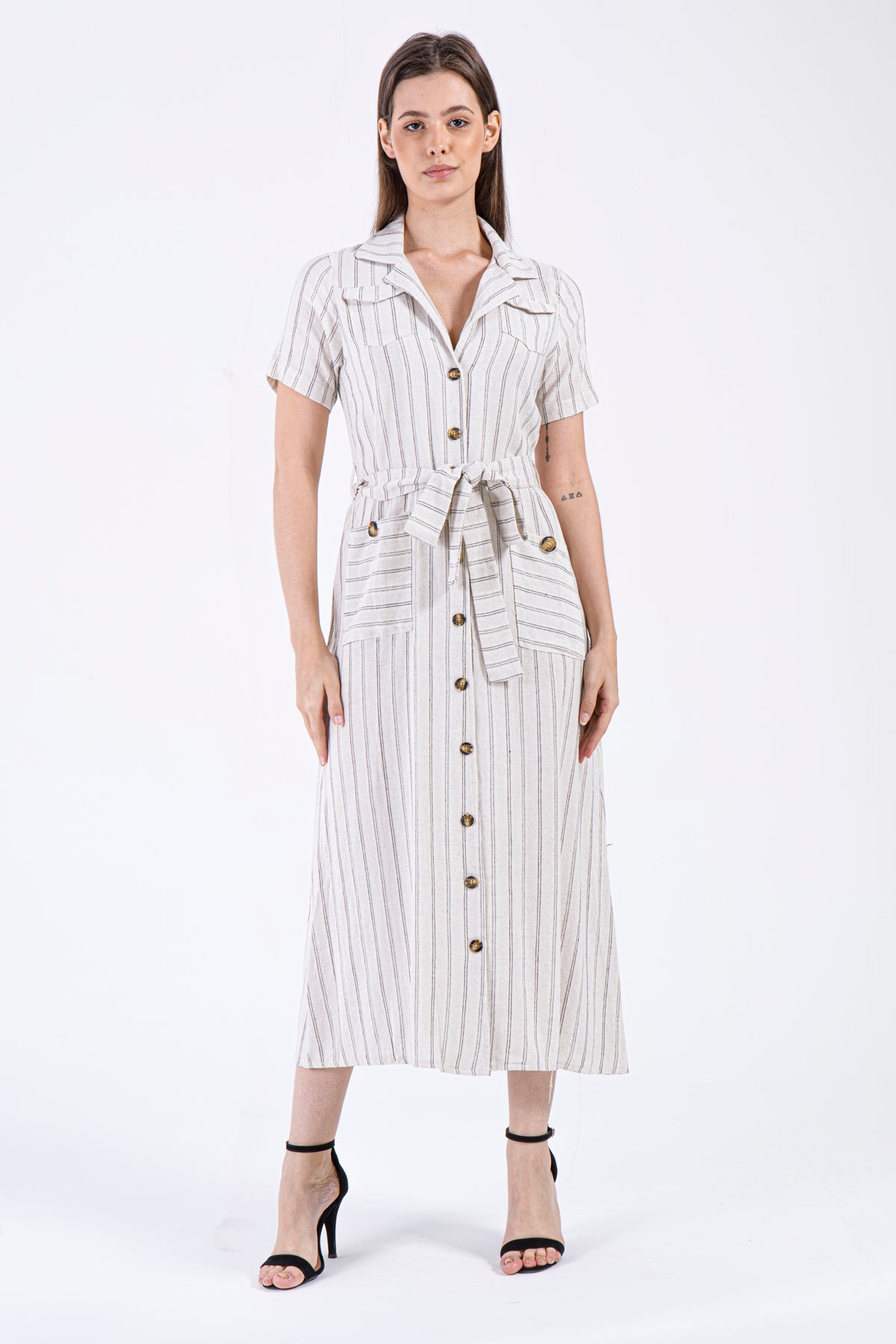 Ivory Sand - Striped Belted Midi Dress