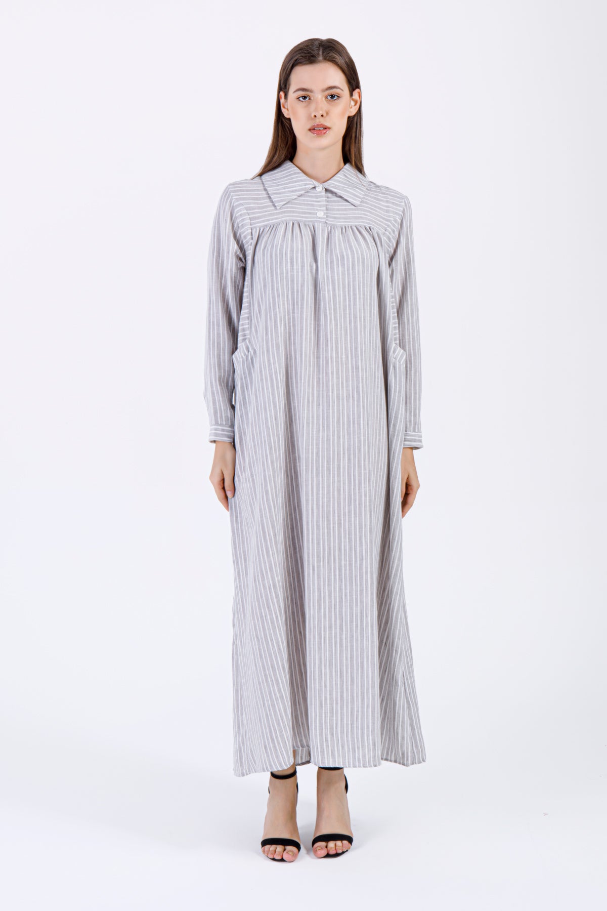 Laya Striped Maxi Dress – Soft Grey