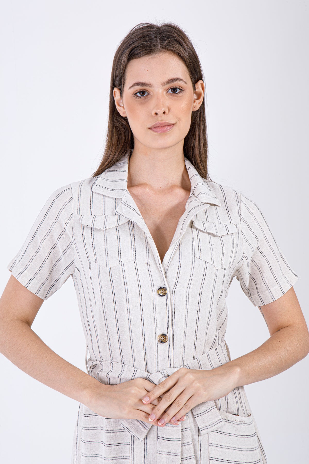 Ivory Sand - Striped Belted Midi Dress