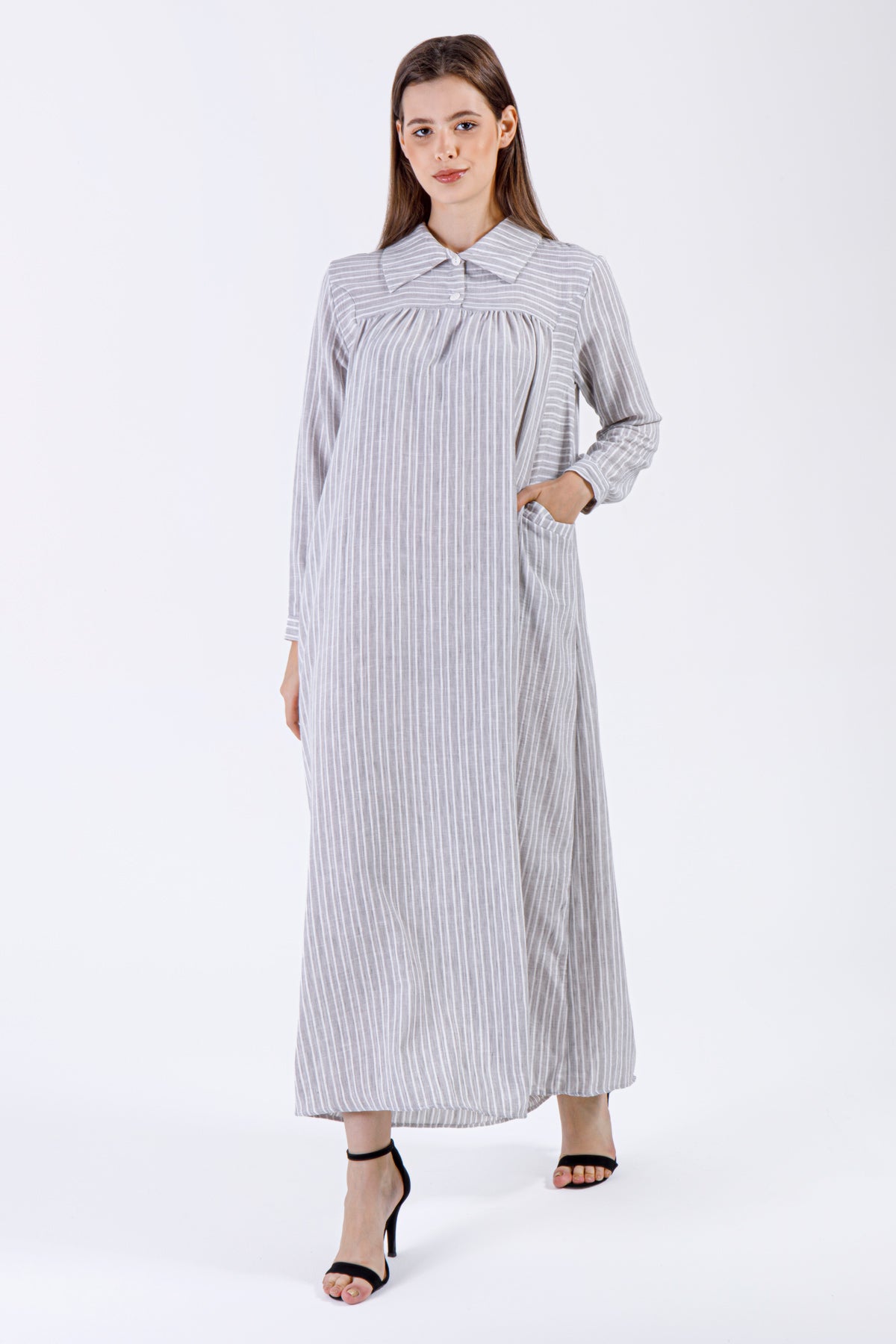 Laya Striped Maxi Dress – Soft Grey