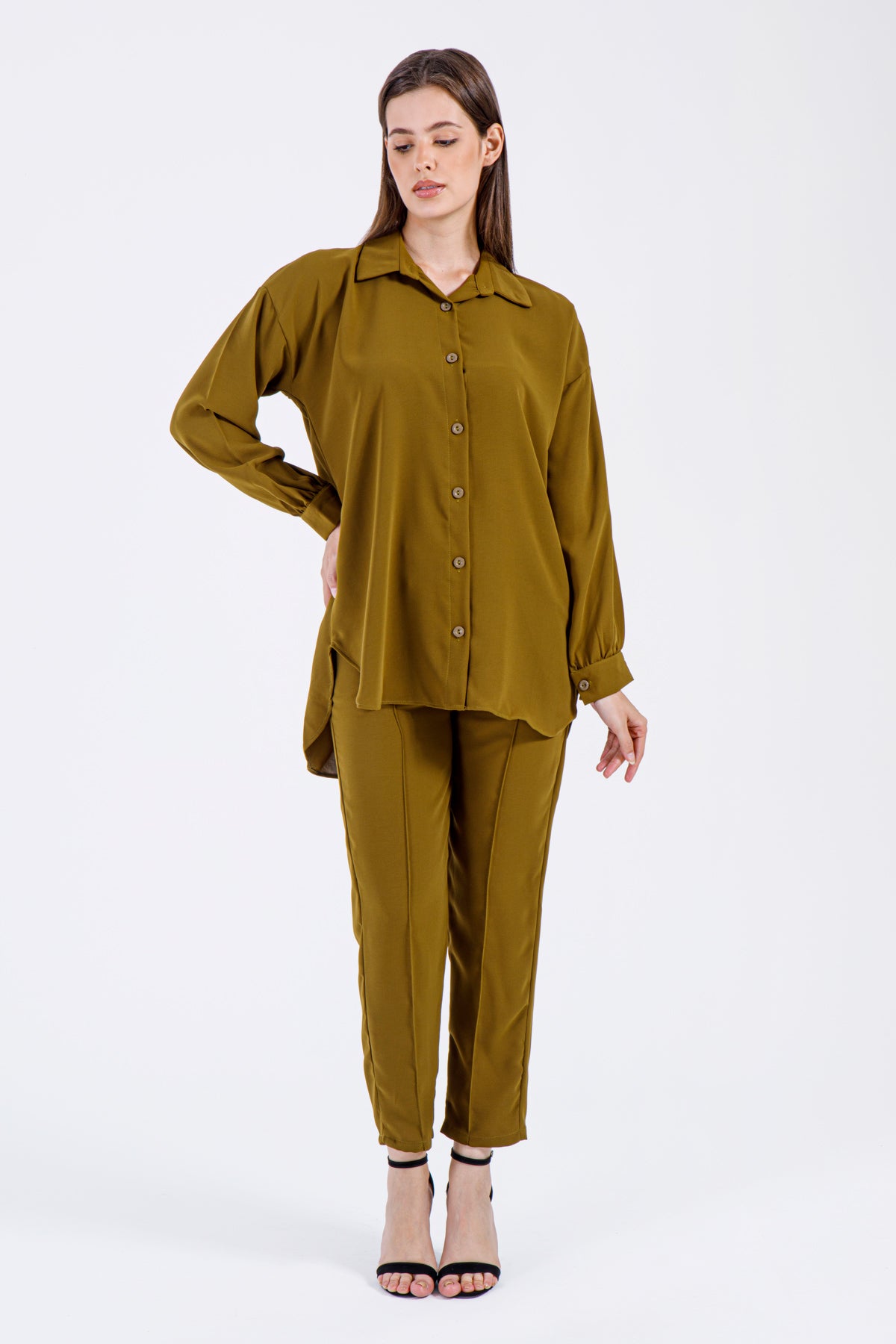 Lina Button-Down Coord Set – Olive Green