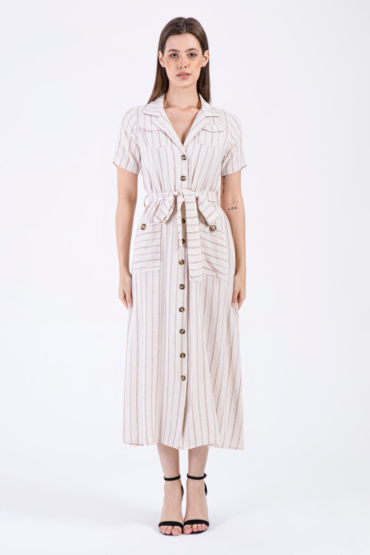 Mira Striped Button-Down Dress – Blush Maroon on Natural Beige