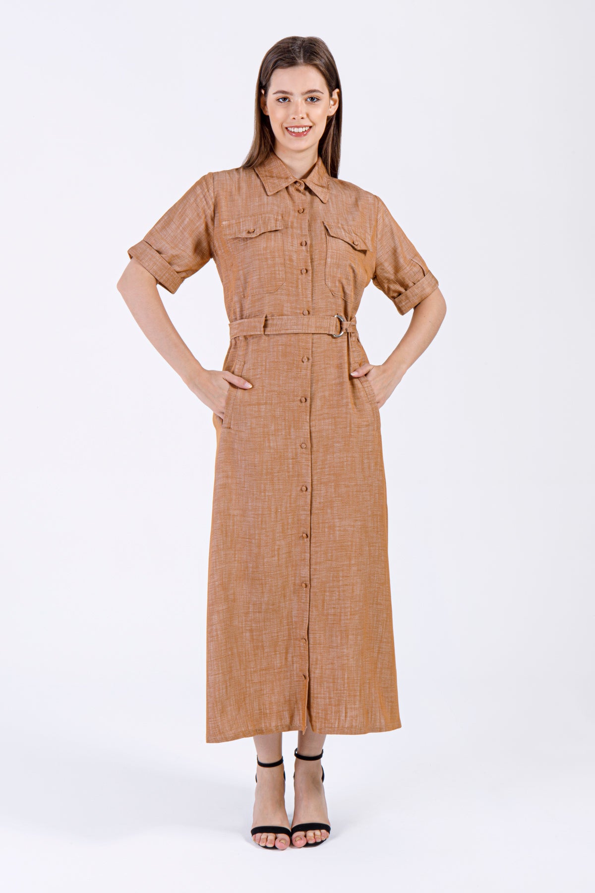 Sena Button-Down Dress – Caramel brown
