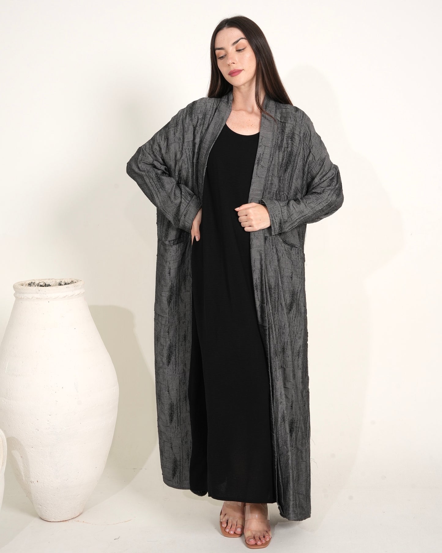 Stylish Grey - Abaya dress with Elegant Black Inner (2 pcs set)