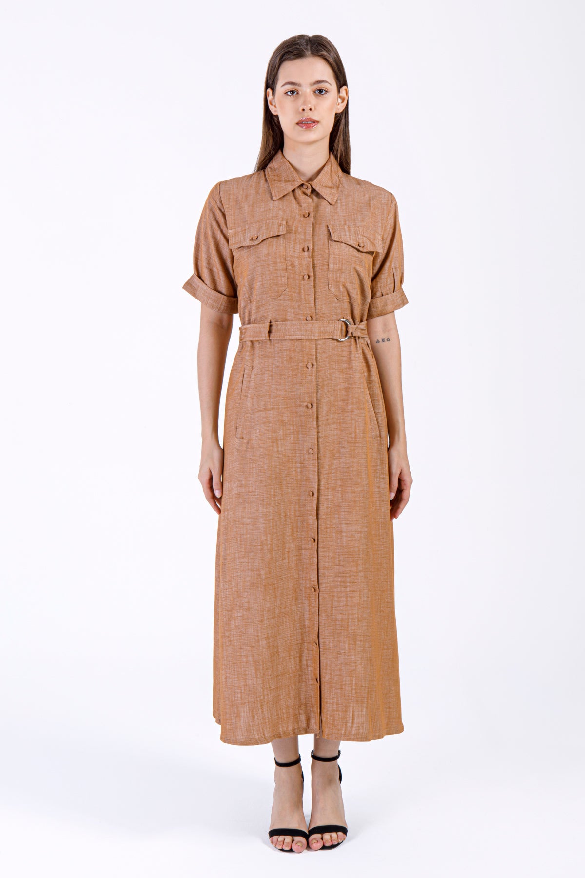 Sena Button-Down Dress – Caramel brown