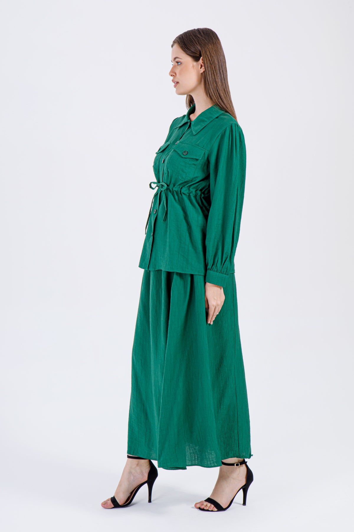 Emerald Green Button-Down Top & Skirt Set