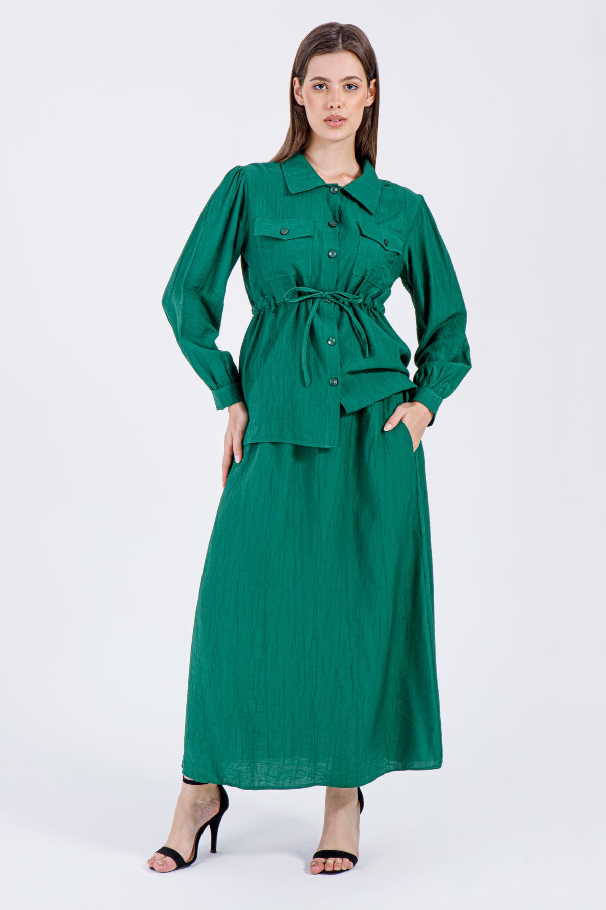 Emerald Green Button-Down Top & Skirt Set