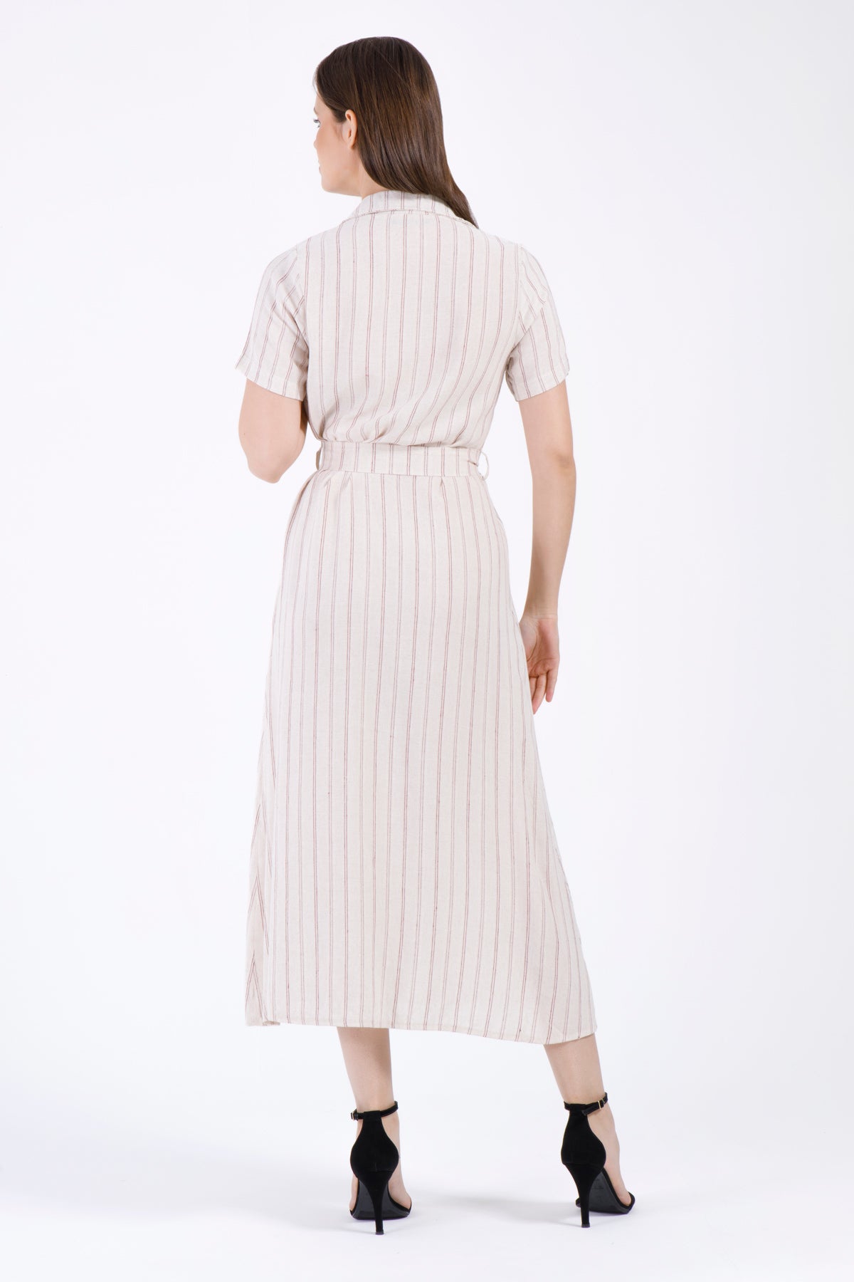 Mira Striped Button-Down Dress – Blush Maroon on Natural Beige
