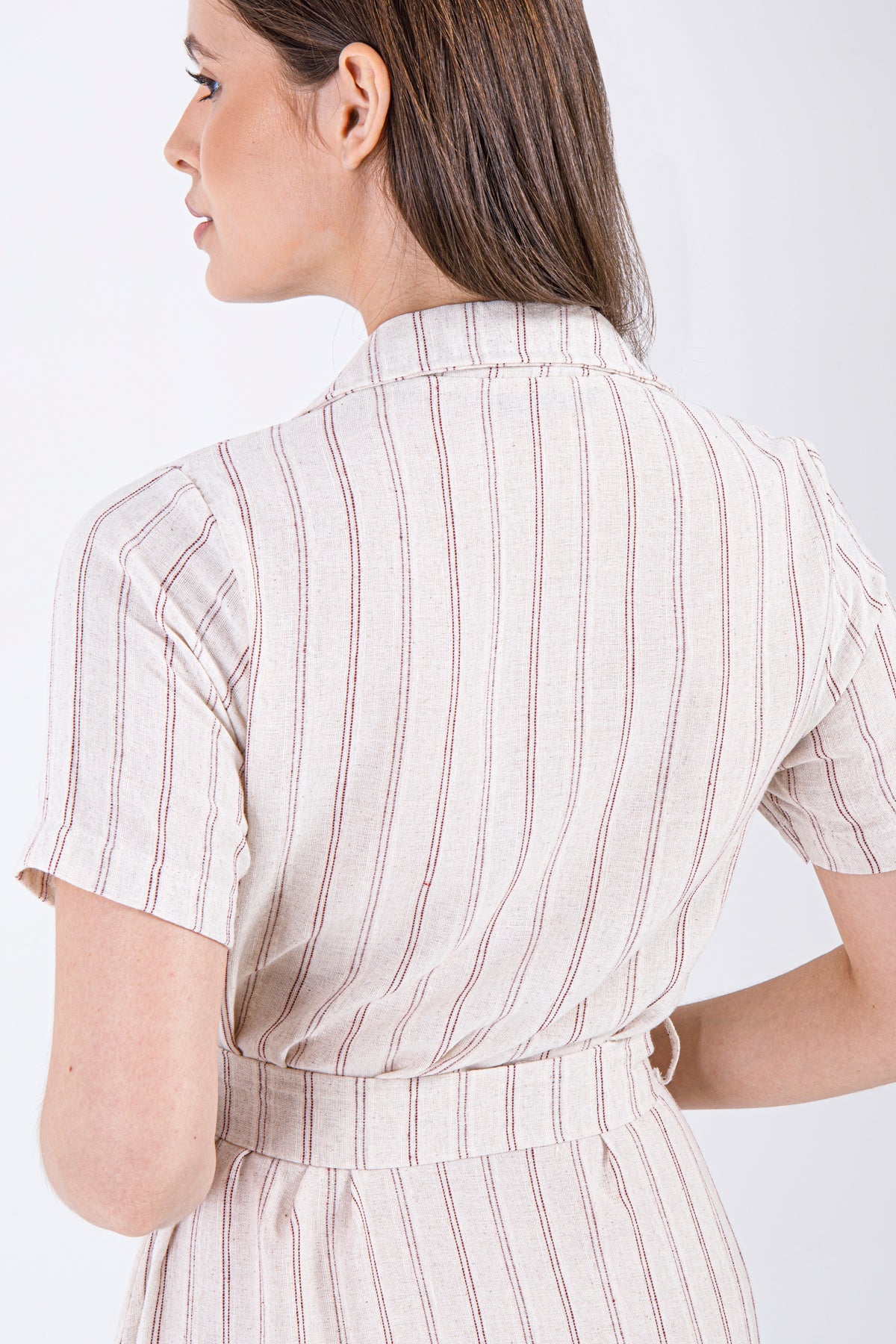 Mira Striped Button-Down Dress – Blush Maroon on Natural Beige