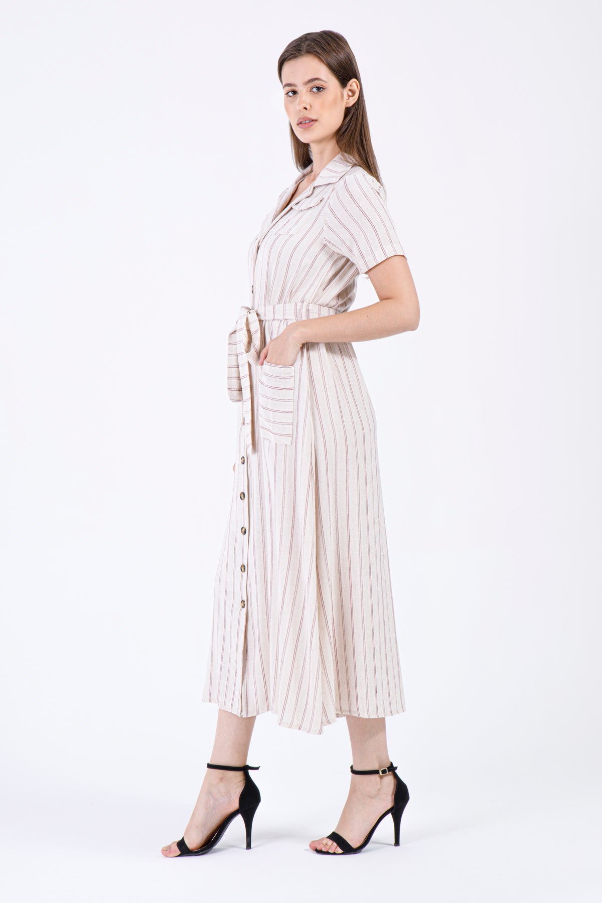 Mira Striped Button-Down Dress – Blush Maroon on Natural Beige