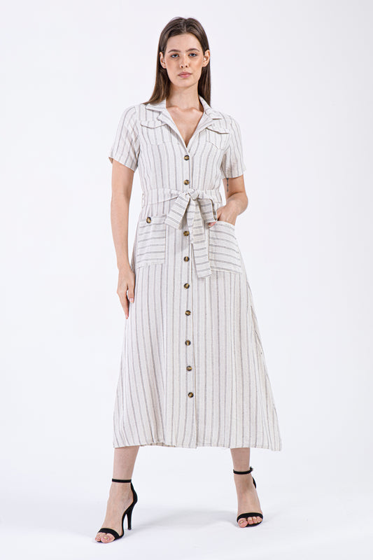 Ivory Sand - Striped Belted Midi Dress