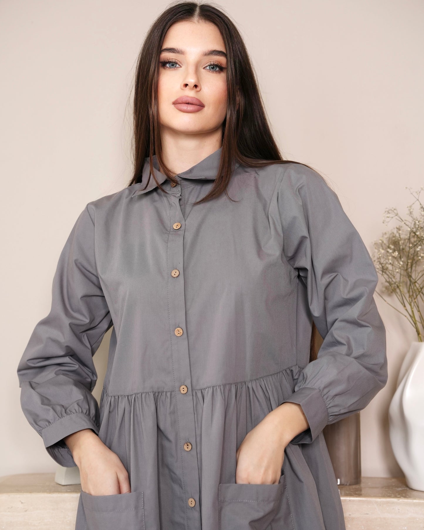 Slate Essence - Modest Button-Down Dress