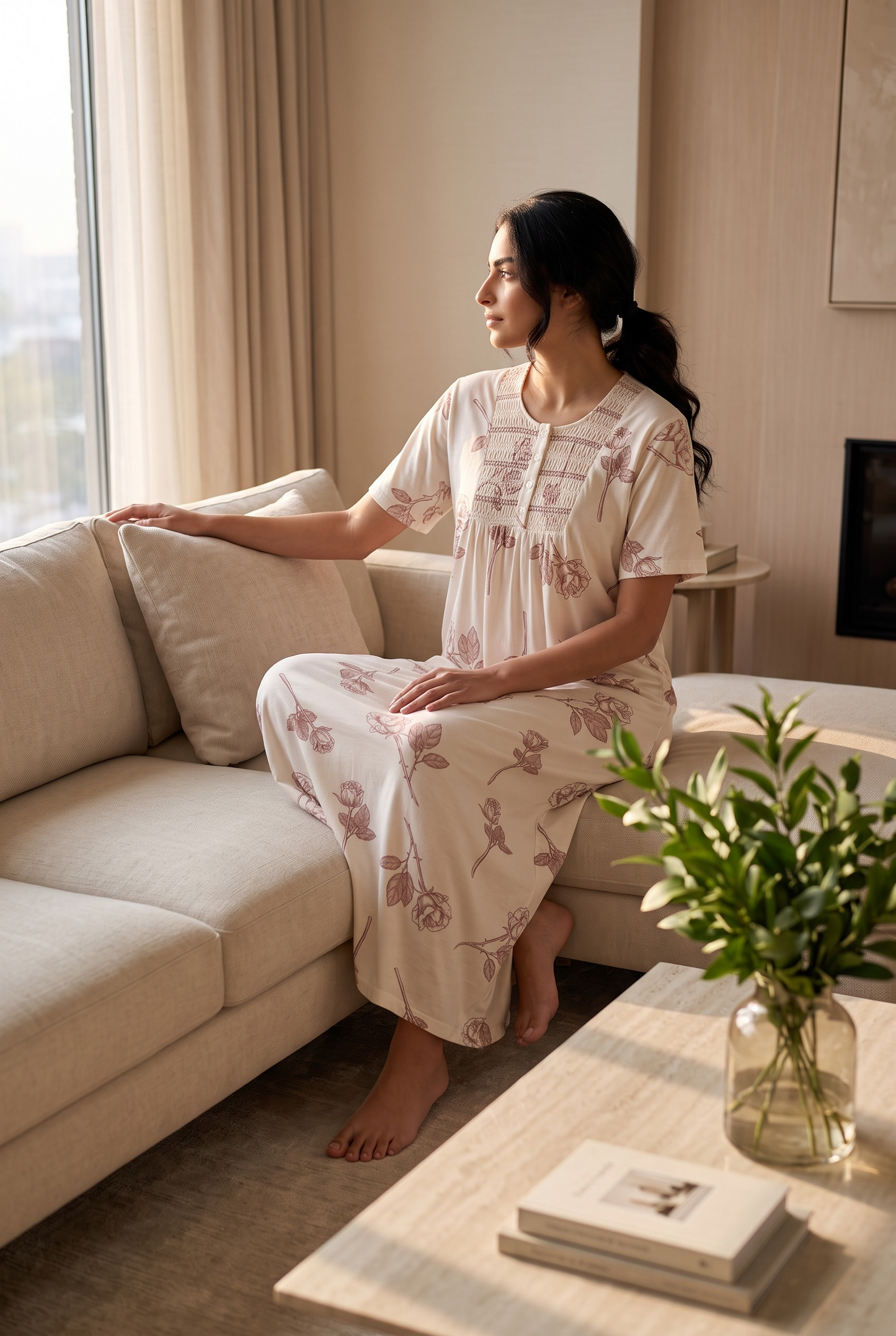 Rosabelle – Soft Ivory Rose Print Nightdress | Women’s Lace Sleepwear