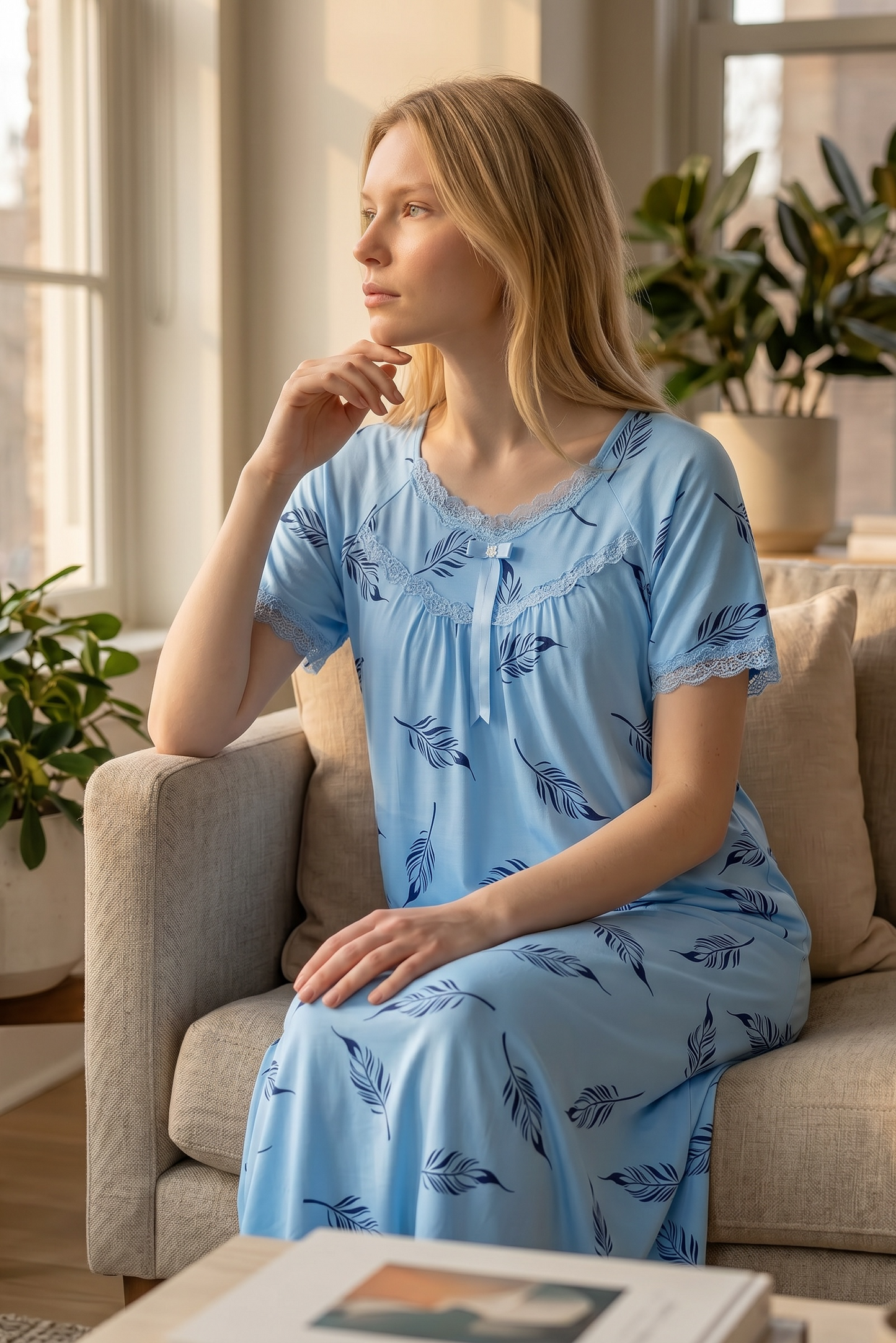 Elara – Soft Sky Blue Feather Nightdress | Women’s Lace Sleepwear