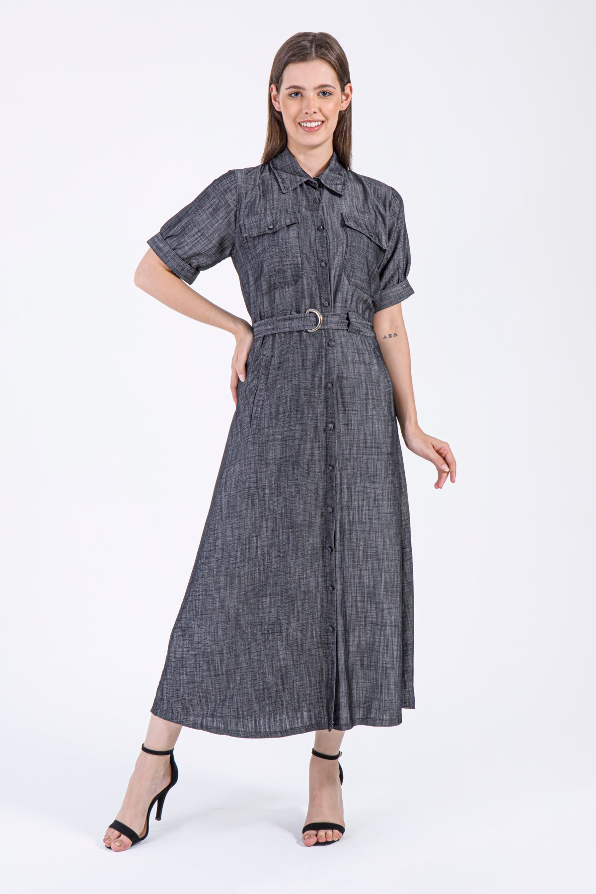 Charcoal Elegance – Modest Buttoned Maxi Dress