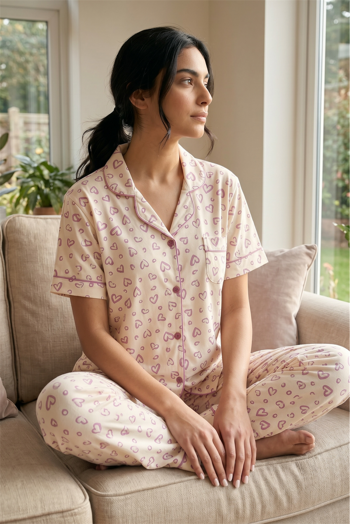 Mila – Soft Blush Heart Print Sleepwear | Women’s Button-Up Pajama Set