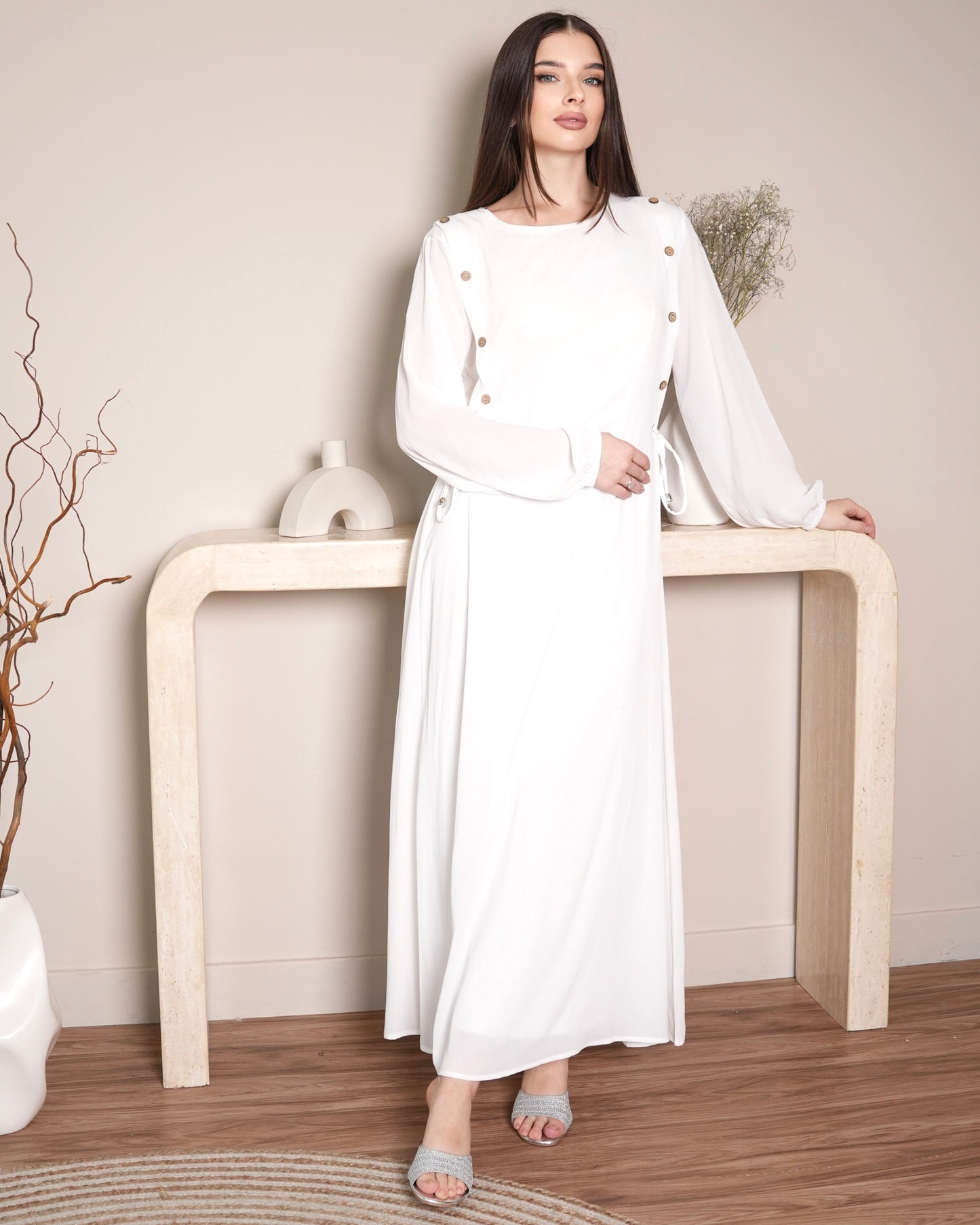 Timeless Pearl Elegance - Modest and Chic White Maxi Dress