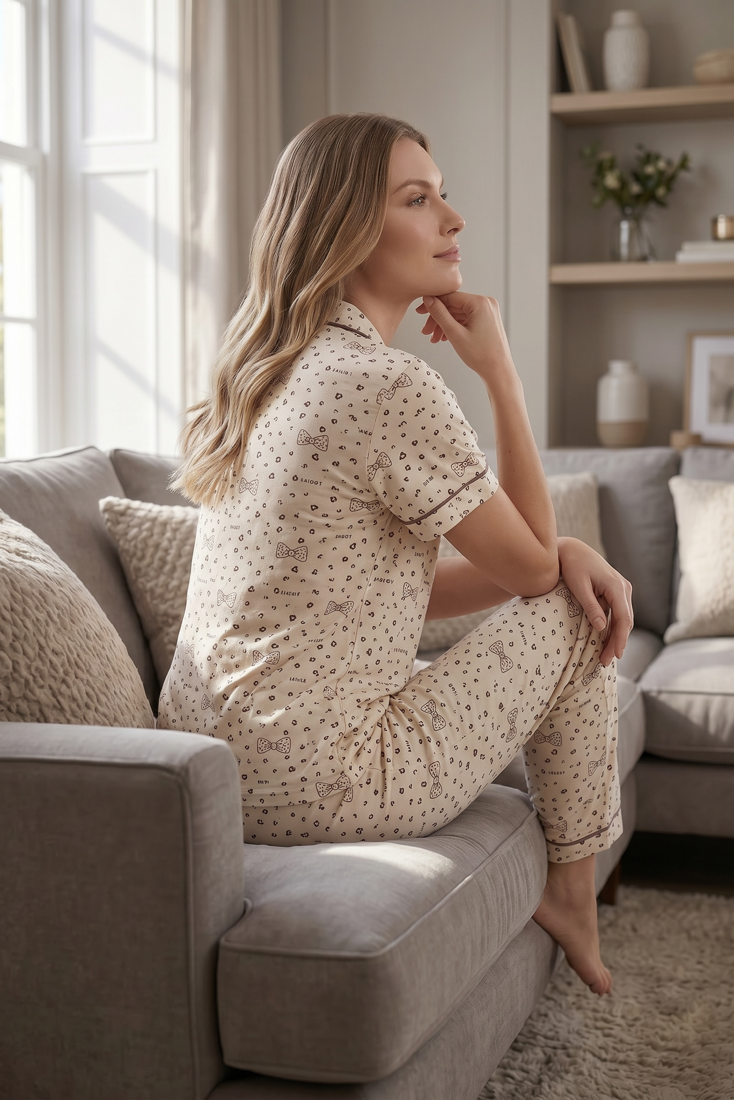 Belleza – Soft Cream Bow Print Sleepwear | Button-Up Lounge Set