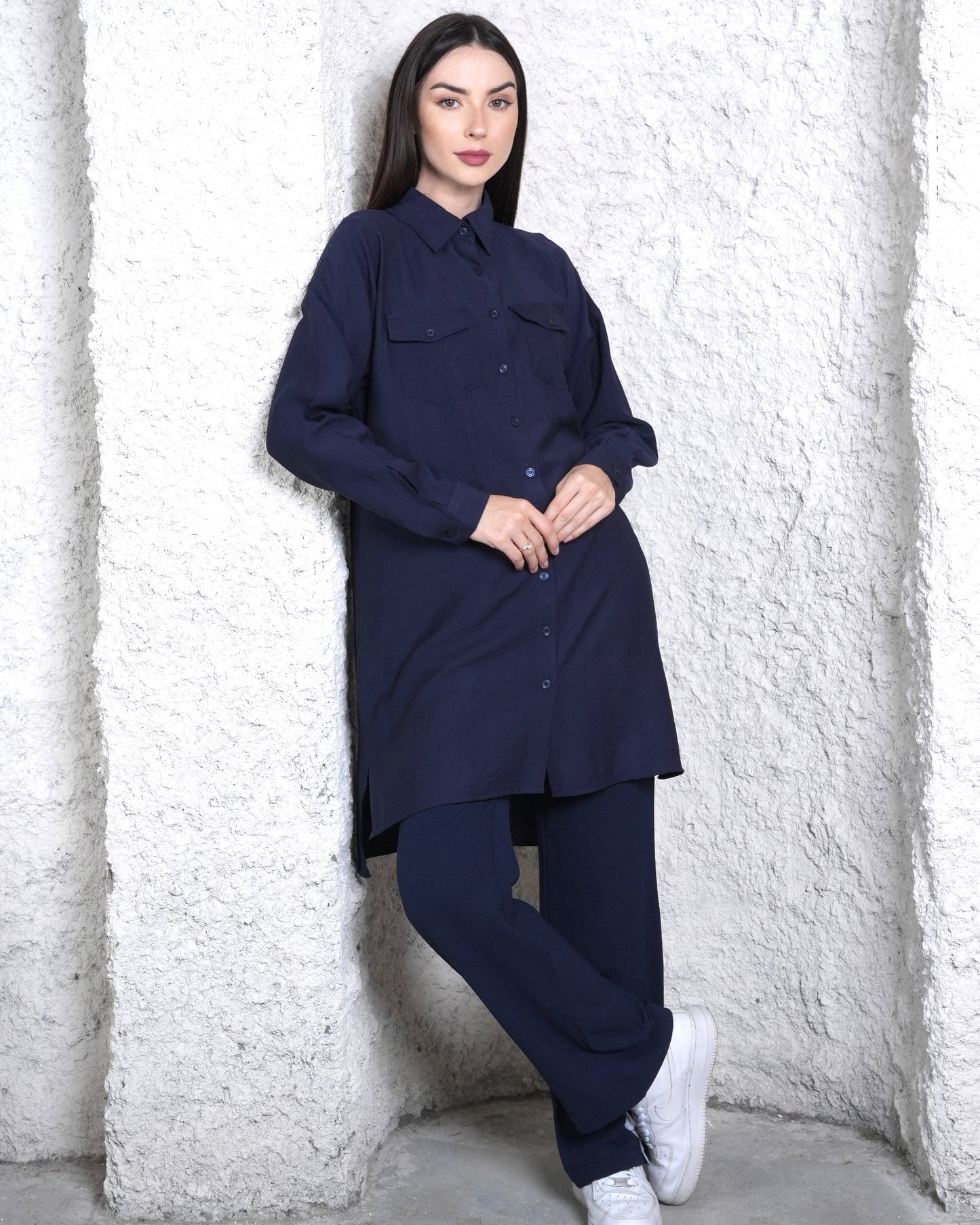 Buttoned Elegance - Navy Blue Co-ord Set with Front Pocket’s