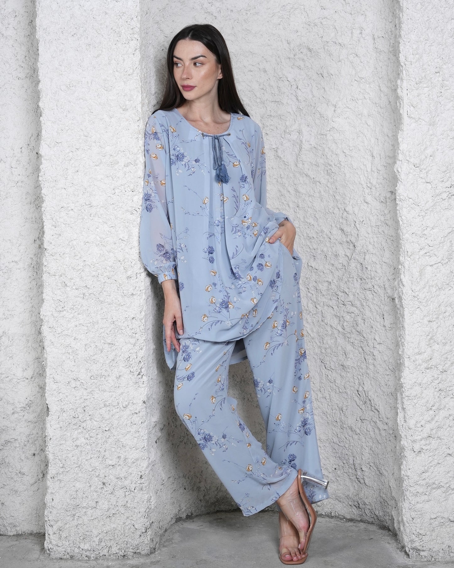 Blue Skies Bouquet - Chiffon printed Co-ord set