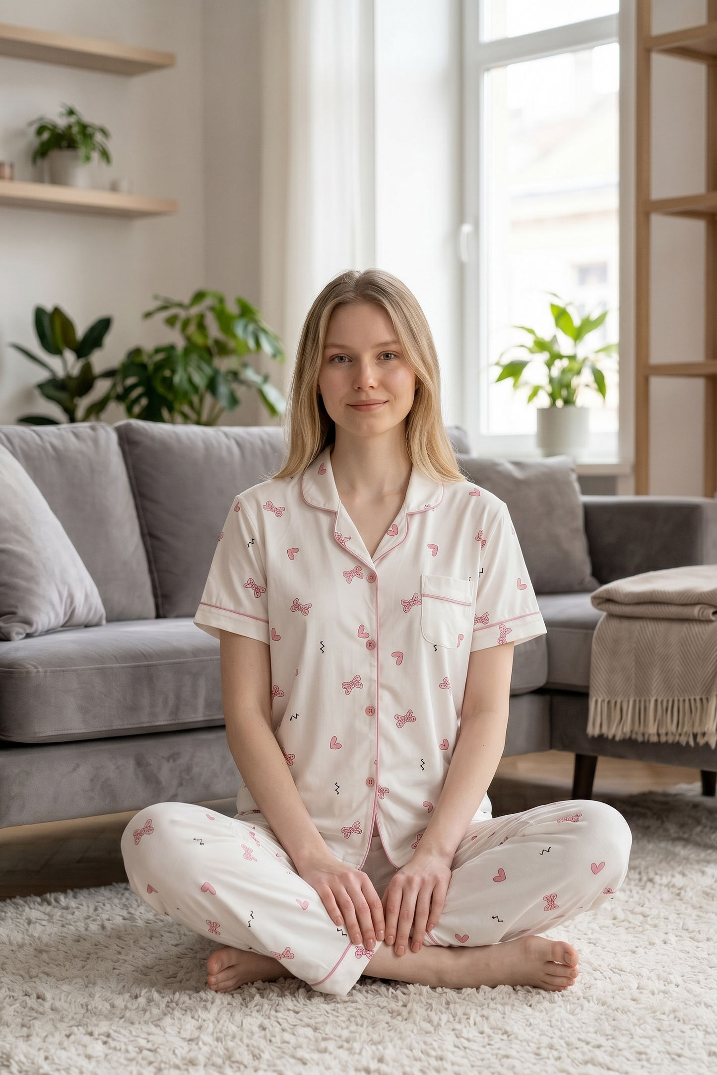 Amora – Soft Ivory Bow Print Sleepwear | Women’s Button-Up Lounge Set