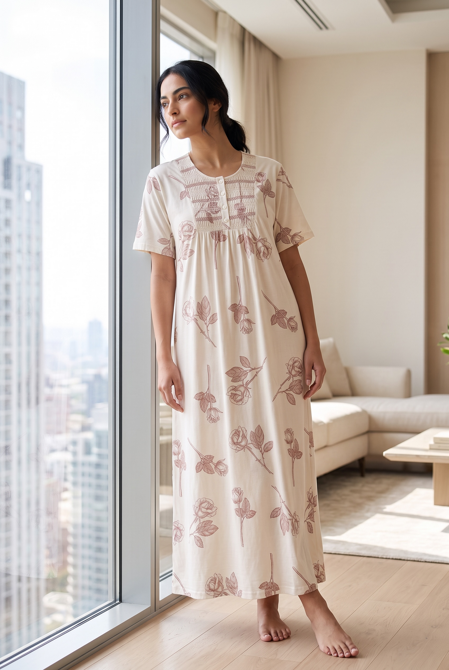 Rosabelle – Soft Ivory Rose Print Nightdress | Women’s Lace Sleepwear