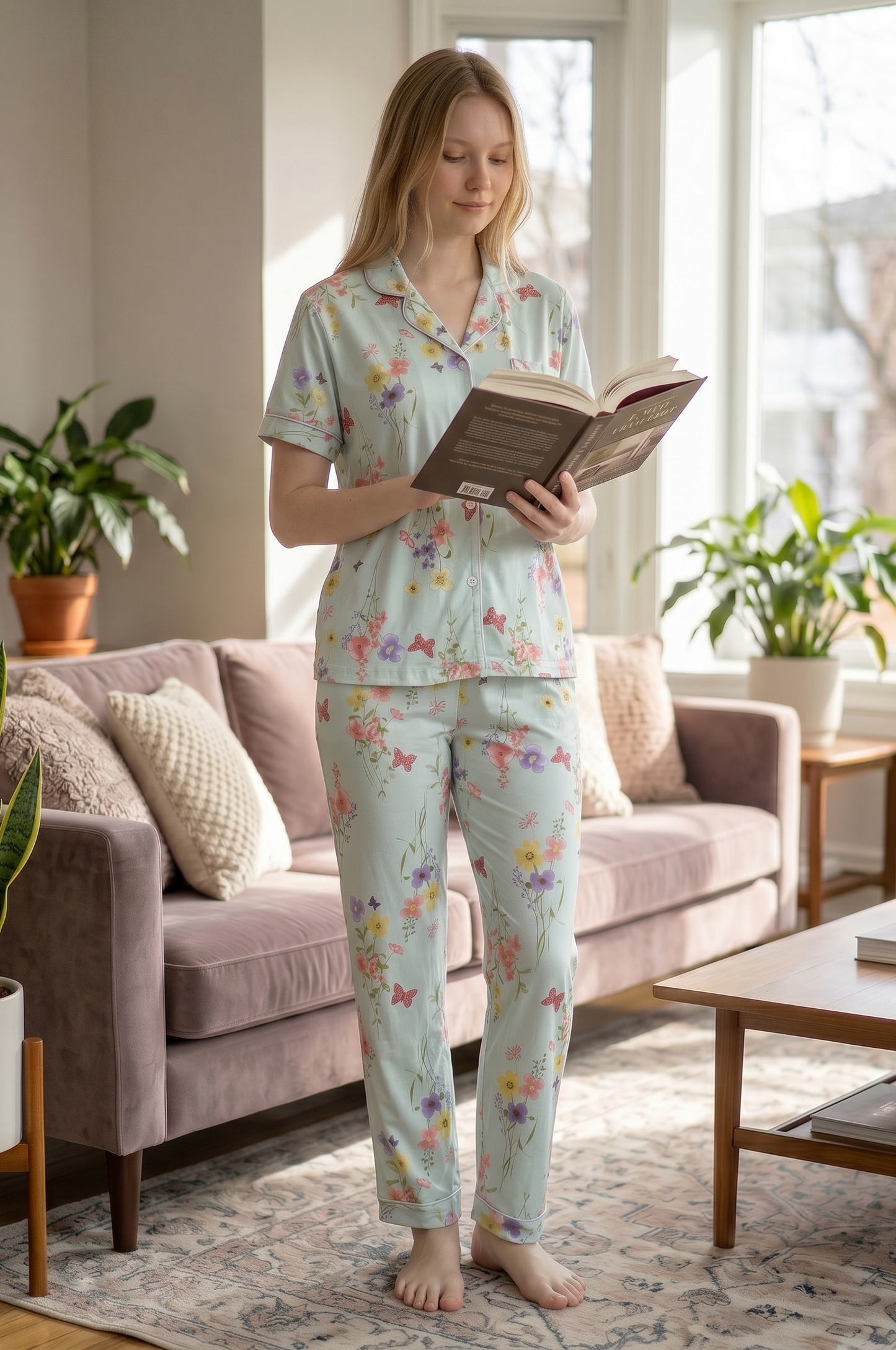 Elira – Soft Mint Floral Sleepwear | Button-Up Lounge Set