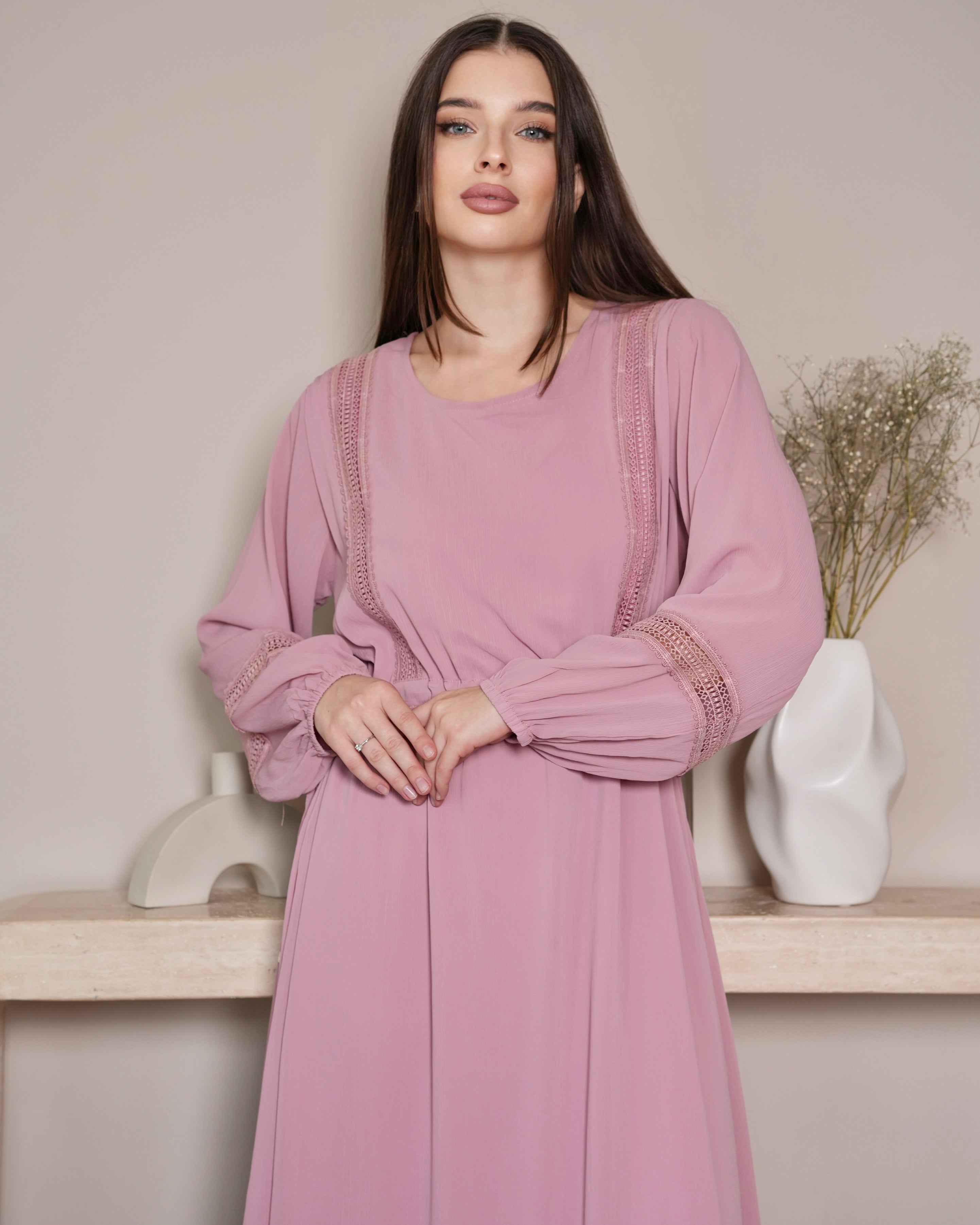 Graceful Blush Blush Pink Modest Dress with Lace Detail M