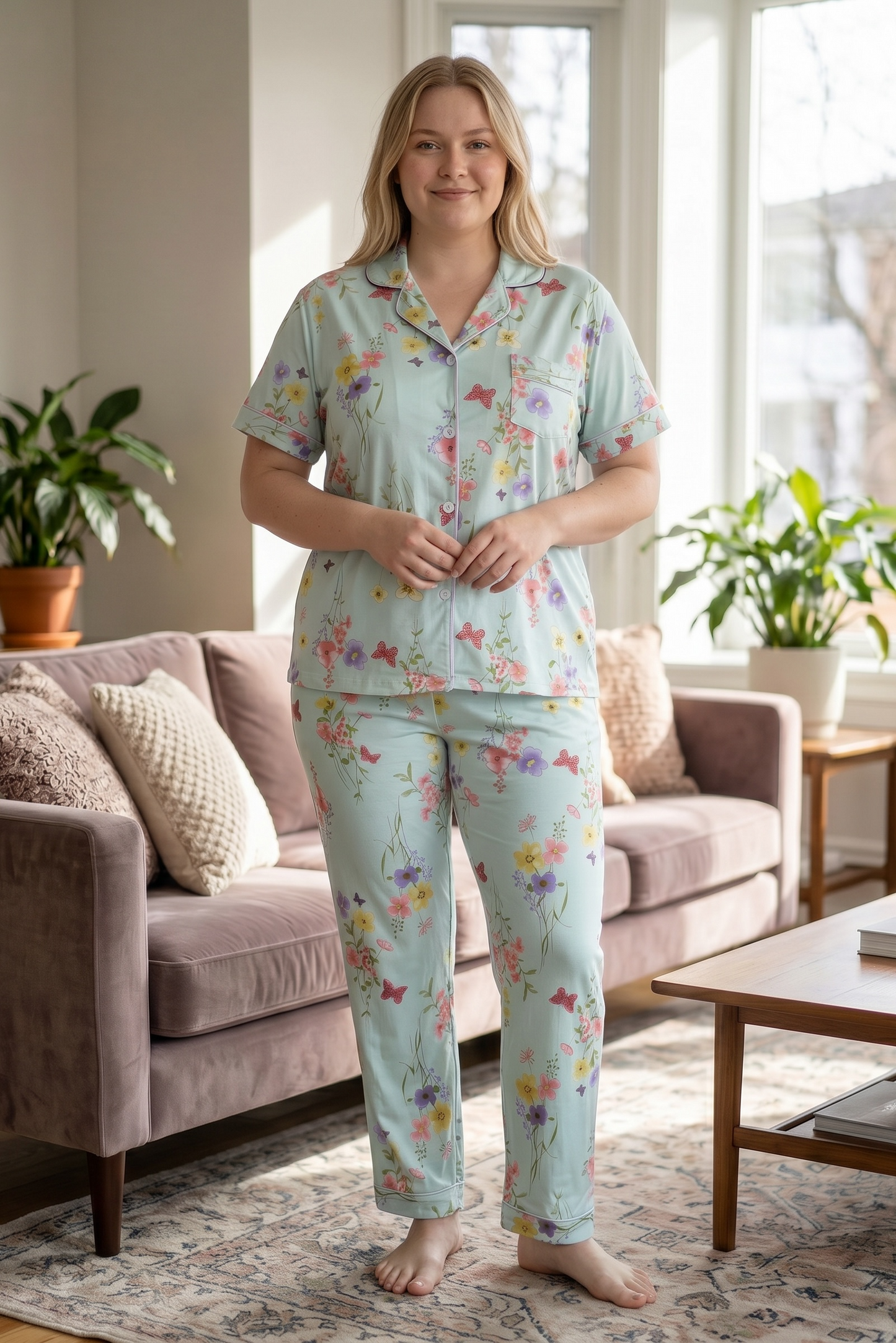 Elira – Soft Mint Floral Sleepwear | Button-Up Lounge Set