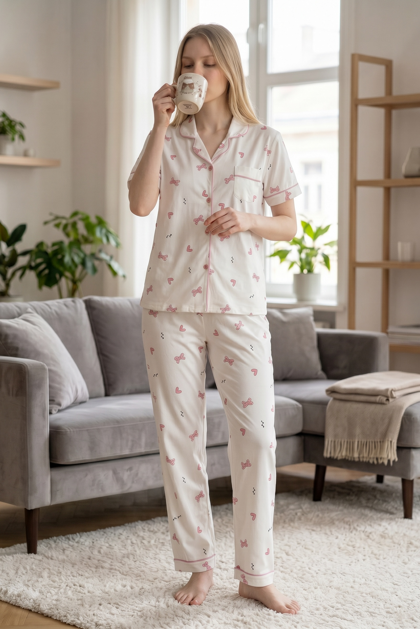 Amora – Soft Ivory Bow Print Sleepwear | Women’s Button-Up Lounge Set