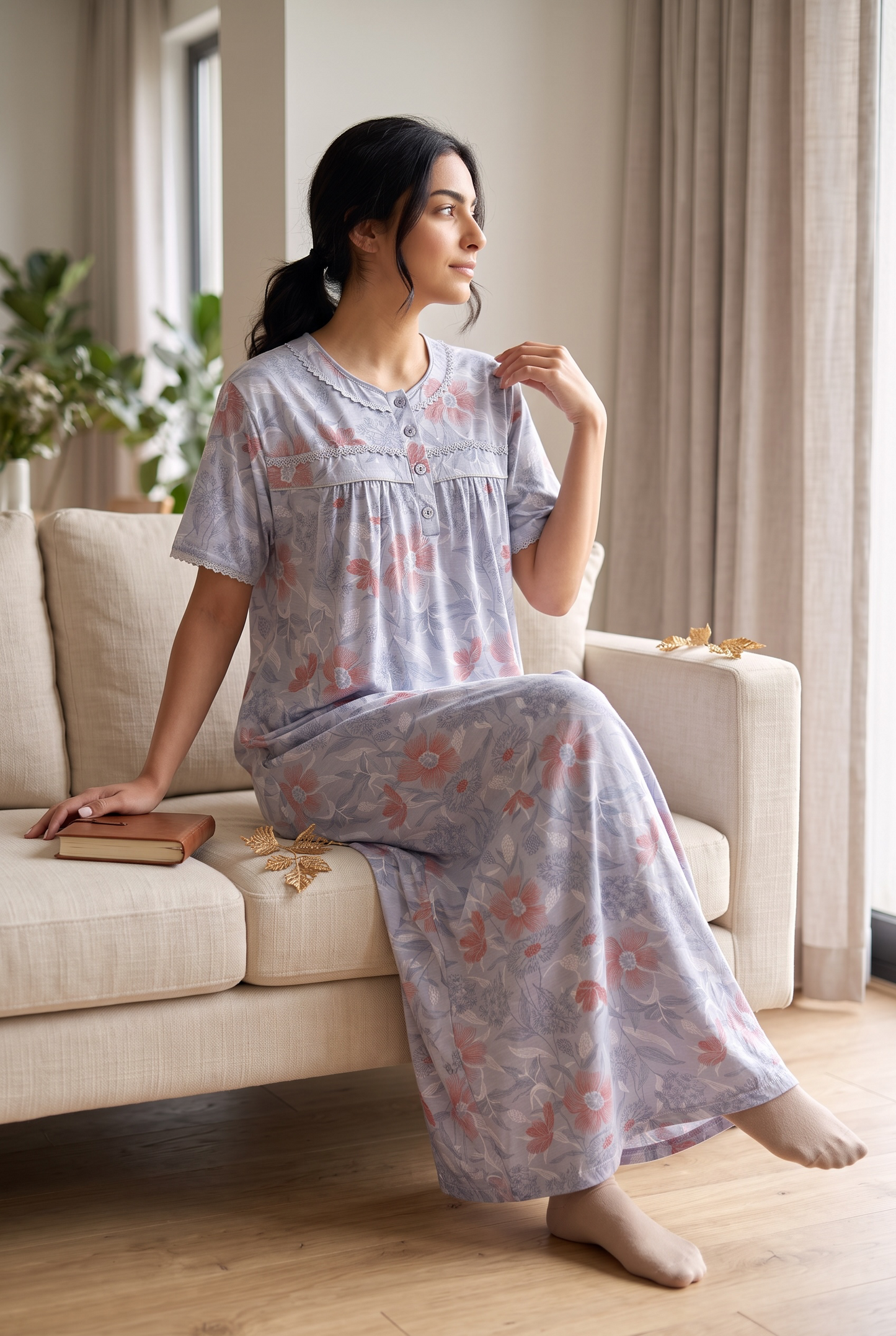 Mirelle – Soft Grey Floral Nightdress | Women’s Lace Sleepwear