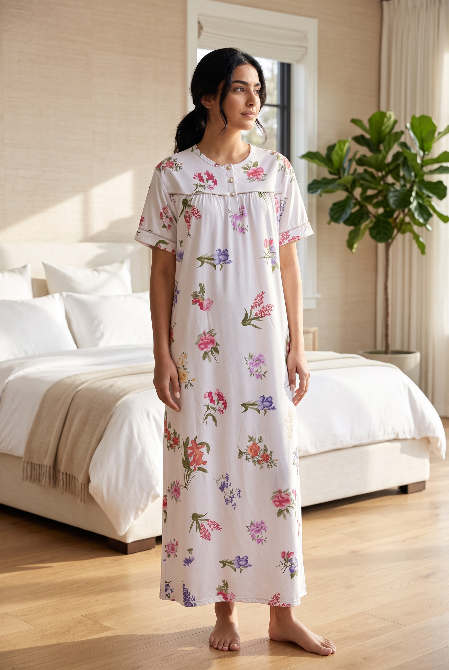 Florina – Soft White Floral Nightdress | Women’s Lace Sleepwear