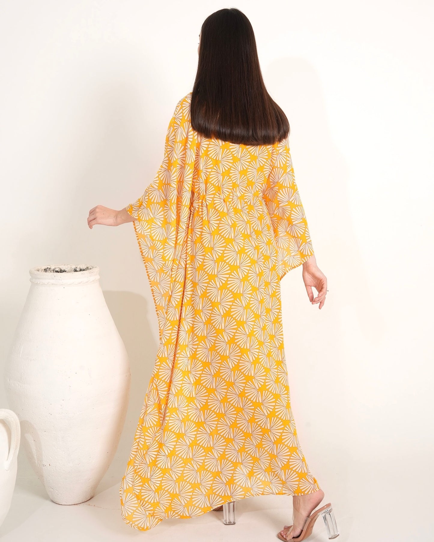 Sunny Blossom - Yellow Printed Ladies Kaftan Dress