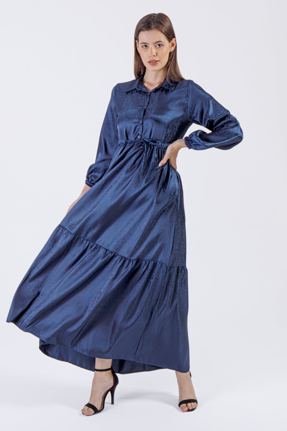 Midnight Blue Elegance – Modest Satin Maxi Dress