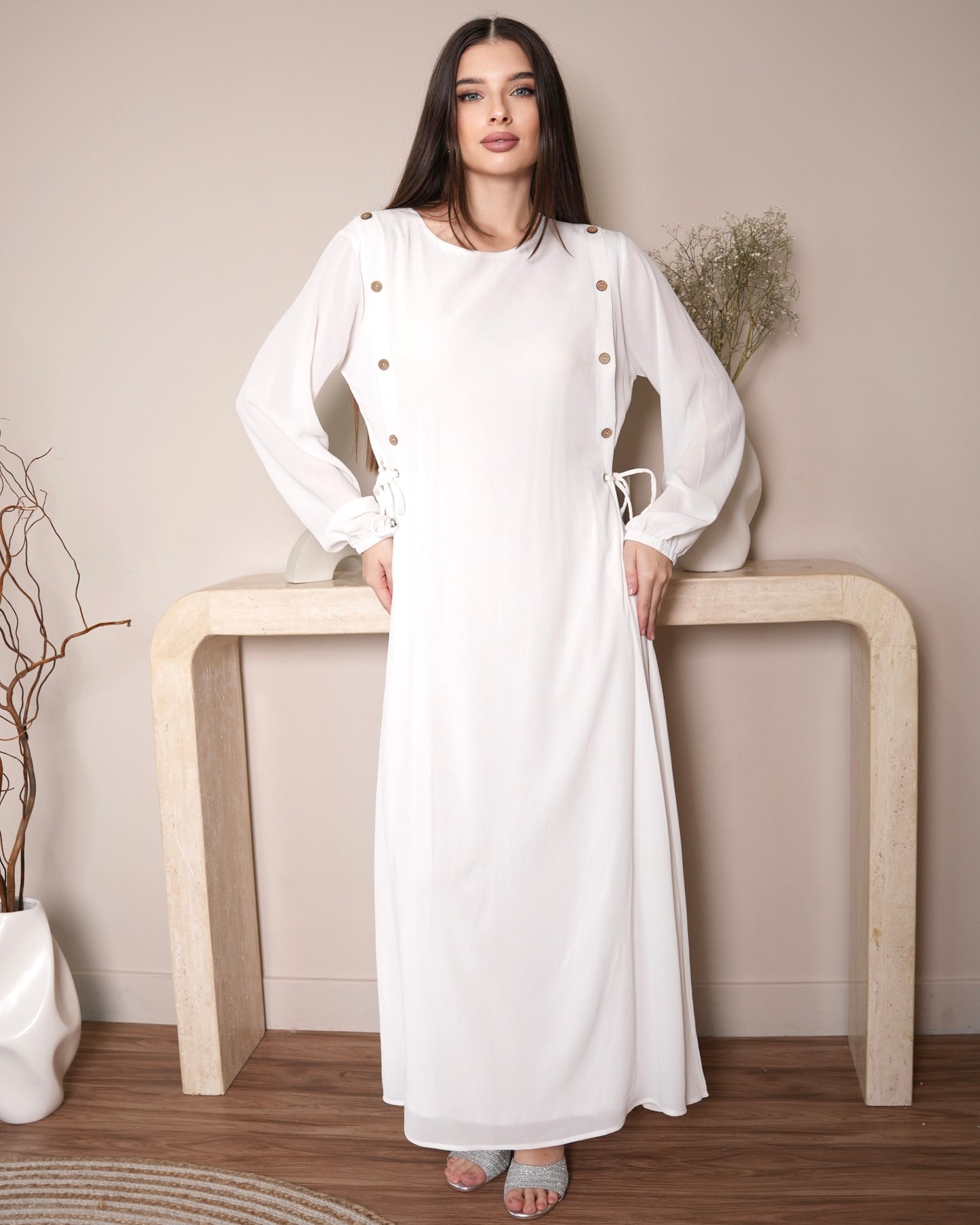 Timeless Pearl Elegance - Modest and Chic White Maxi Dress