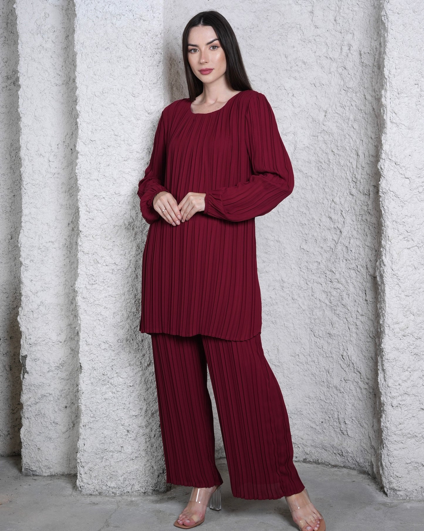 Maroon Modest Co-ord Set - Pleated Long Sleeve Elegance