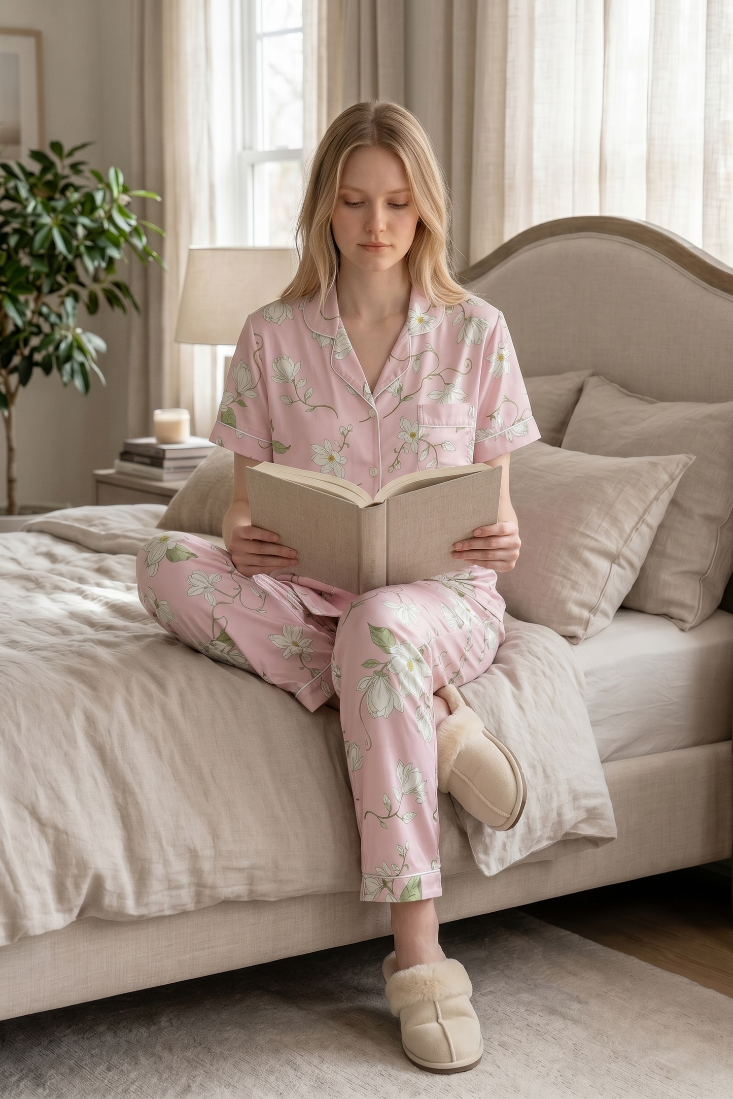 Rosalie – Soft Blush Pink Floral Sleepwear | Women’s Button-Up Lounge Set