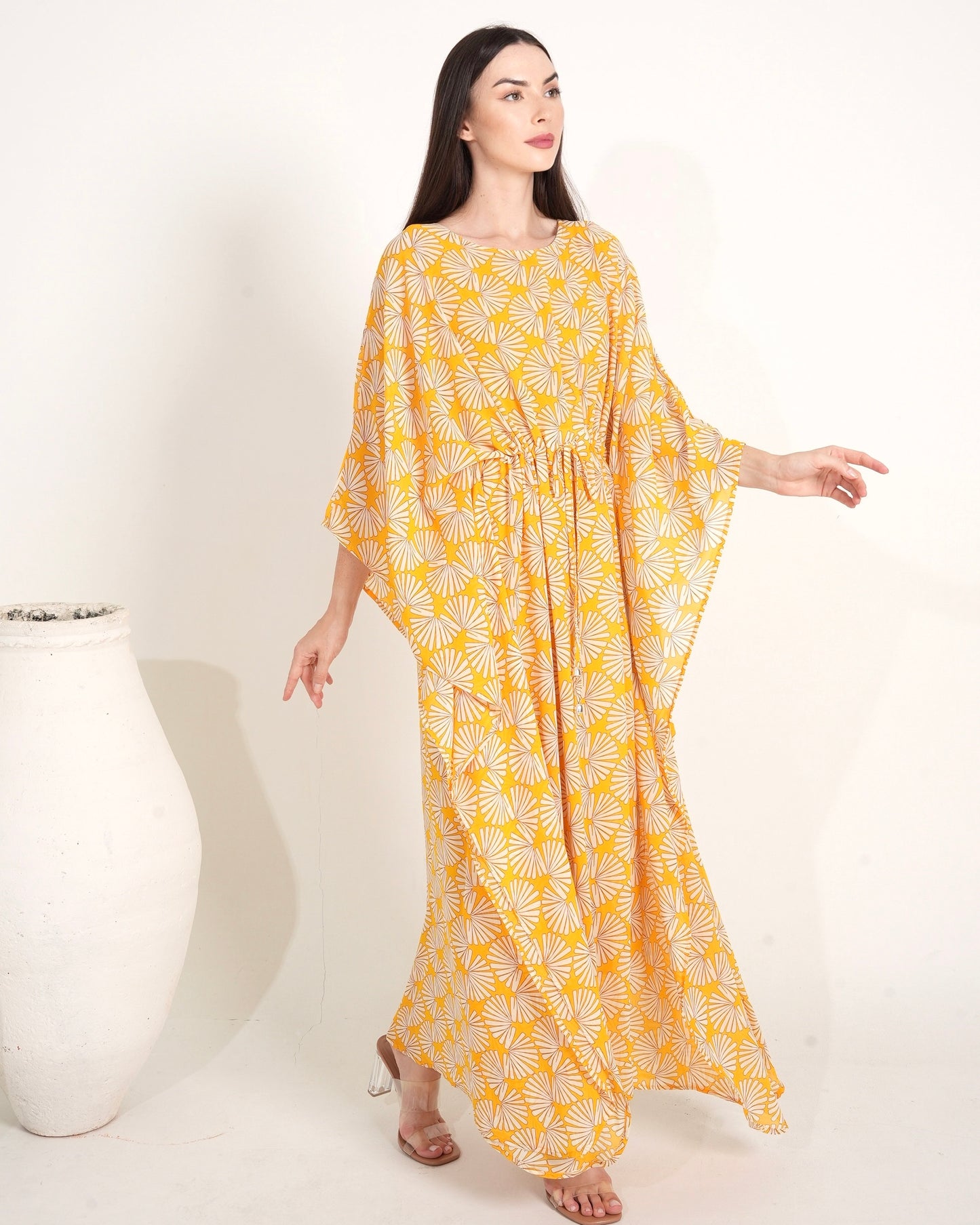 Sunny Blossom - Yellow Printed Ladies Kaftan Dress